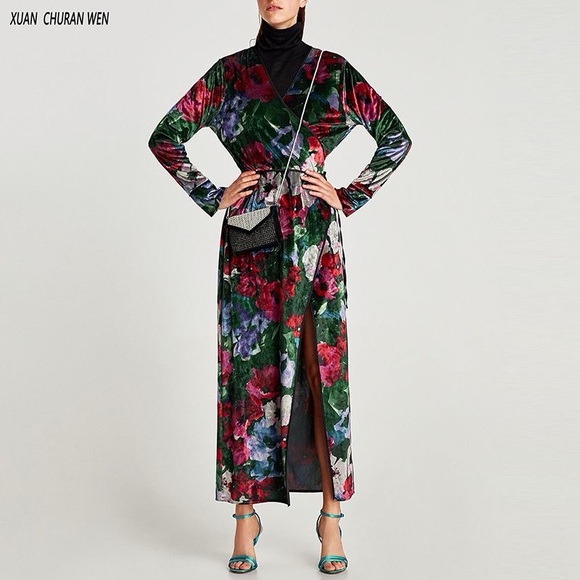 ZARA ACCESSORIES KIMONO VELVET FLORAL LONG SLEEVED LONG MAXI WRAP DRESS USA M - Picture 9 of 11